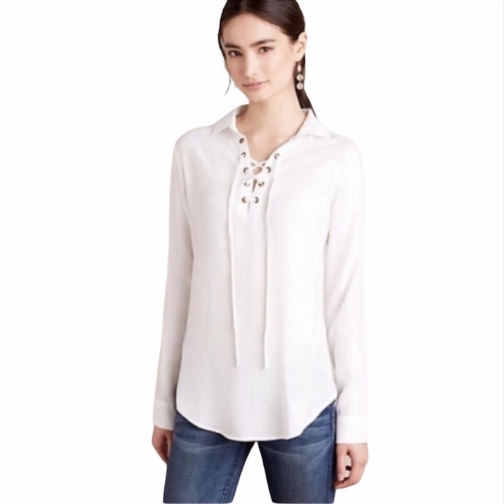 Anthropologie boho White Lace-Up Collared Top by Cloth and Stone - Picture 2 of 5